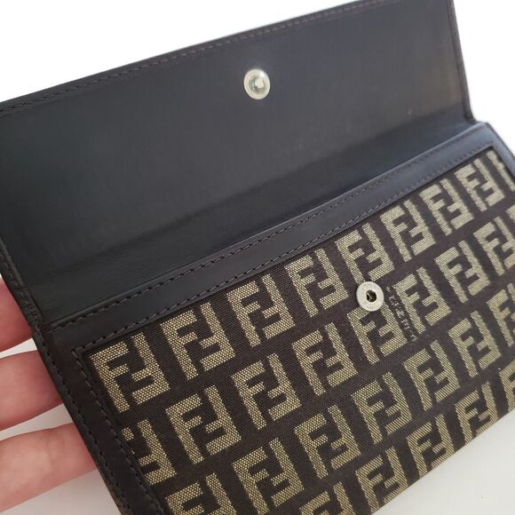 Fendi Zucca Vintage Wallet Canvas Leather Wallet Brown Purse Trifold Large Logo - Picture 11 of 13